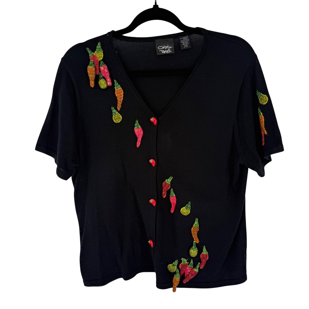Christina Rotelli Cardigan Women L Black 3-D Beaded Chili Pepper Novelty